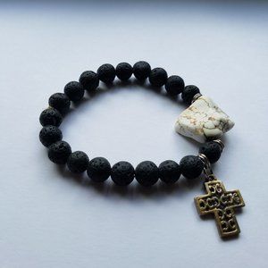 Lava Rock Brass Cross Off White Stone Bracelet